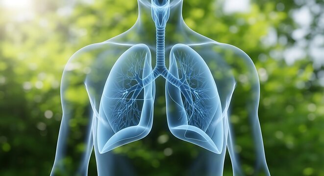 Medical illustration of human lungs and airways, overlaid on a blurred green backdrop