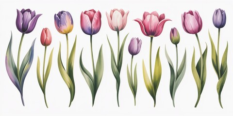 Fototapeta premium Nine watercolor tulips in shades of purple pink and red with green stems and leaves on a white background