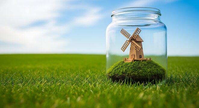 Miniature windmill on moss inside a glass jar set on a grassy field, under a blue sky
