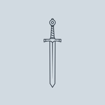Simple illustration of a sword with a striped handle and pointed blade.