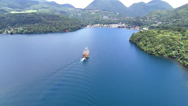 Pirate Ship | Lake Ashi | Cruising | Summer Mountains | Hakone - 4K Aerial Video
