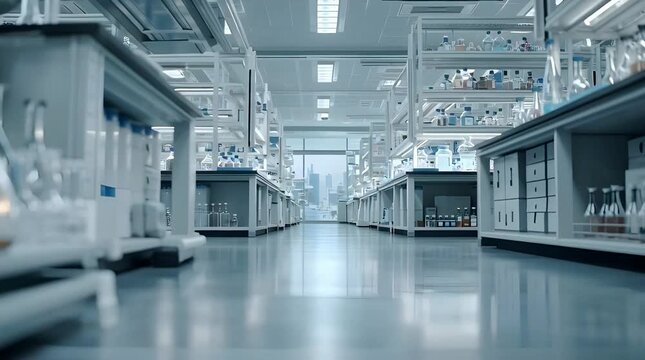Futuristic laboratory background loop with sleek white research workstations and equipment