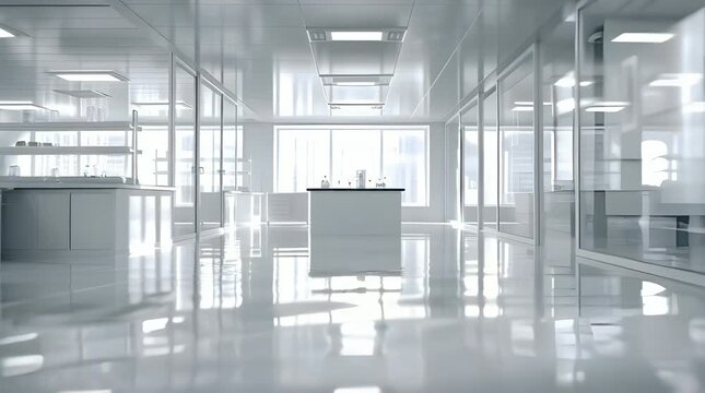 Modern white office background loop with glass partitions, reception desk, natural light
