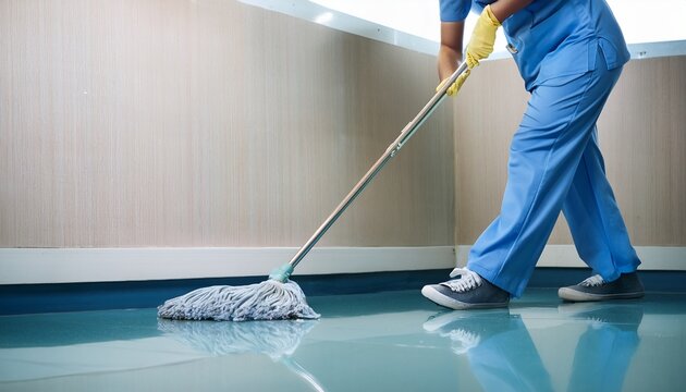 a cleaner in uniform using mops cleaning hall floor at patient room the hospital epoxy floor