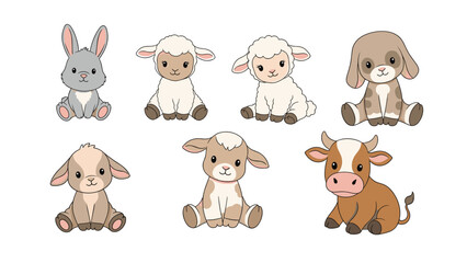 Fototapeta premium Collection of adorable baby farm animals featuring two lambs a bunny a calf and other young creatures sitting in a peaceful group.