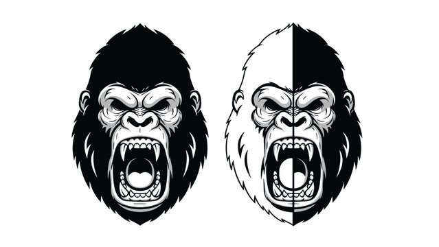 Powerful silverback gorilla head illustration with a roaring expression is displayed in both solid black and high contrast half tones.