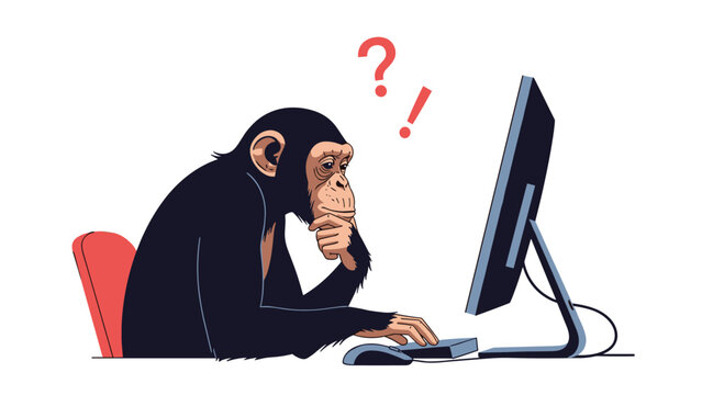 Intelligent chimpanzee sits at a desk while looking thoughtfully at a computer monitor with a question mark and exclamation point.