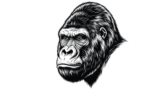 Detailed black and white sketch of a gorilla head captures the intense gaze and textured fur of the primate in a realistic art style.