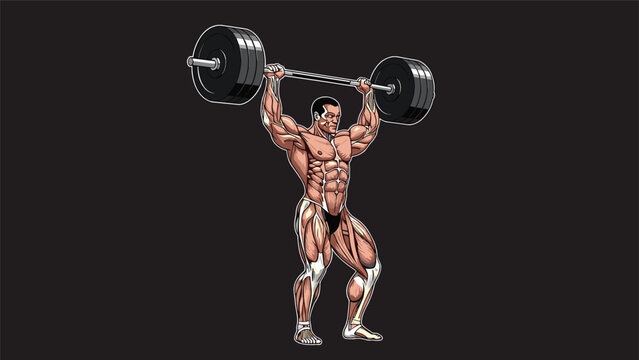 Muscular bodybuilder is performing a heavy overhead barbell lift showing immense physical strength and defined muscle anatomy on dark backdrop.
