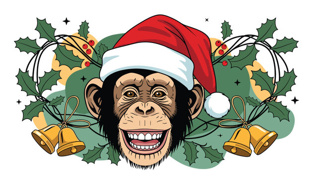 Smiling chimpanzee face wearing a festive red santa claus hat is framed by Christmas holly leaves, red berries, and golden holiday bells.