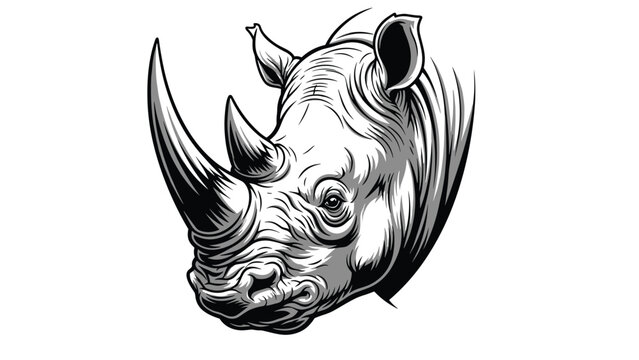 Detailed black and white rhinoceros head sketch highlights the powerful features and thick skin of this majestic endangered African wildlife species.