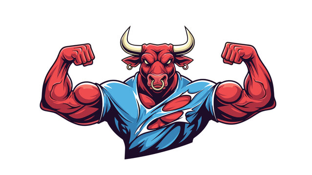 Muscular red bull bodybuilder wearing a torn blue shirt and nose ring flexes its powerful arms to display a peak physical fitness and strength.