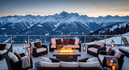 Fototapeta premium Outdoor lounge with fire pit, seating, blankets, candles, & snowy mountain views at dusk