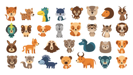 Fototapeta premium Extensive set of small cute cartoon animal faces and characters in various colors and styles arranged in a grid on white.