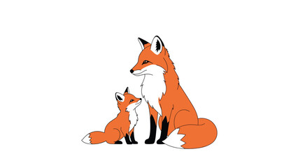 Obraz premium Beautiful illustration of a mother red fox standing with her small cub as they look at each other with affection on white background.