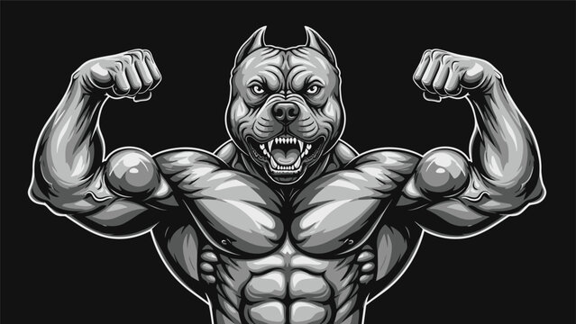 Strong pitbull mascot with huge muscles and sharp teeth flexes its bicep against a black background in a detailed monochrome style.
