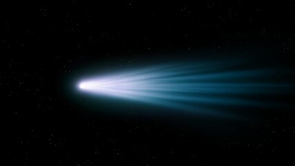 Beautiful bright comet tail in the sky. Large comet against a backdrop of stars. Falling star, astrophotography. © Nazarii