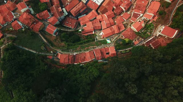Top down drone shot revealing the red roof village pattern of Cudillero in Asturias with birds flying over the town.