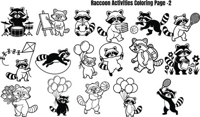 Obraz premium Raccoons engaging in various leisure activities coloring page