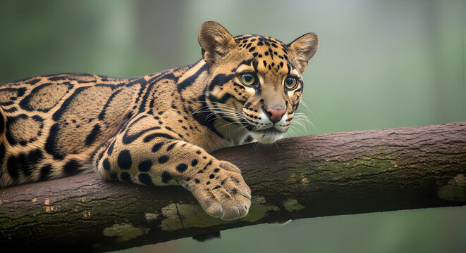 Clouded leopard resting on tree branch in misty rainforest with sharp eyes close-up

