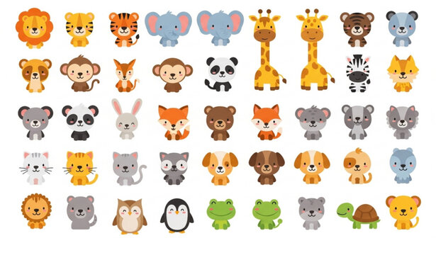 Big cute cartoon animals vector set with lion tiger elephant giraffe panda fox rabbit dog owl penguin kids flat characters isolated on white