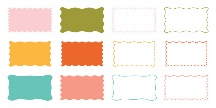 Color rectangle frames with wiggly borders. Different wavy shapes with squiggly edge border. Set of Zigzag wavy edges, rectangles, photo frames, text boxes, labels. Scallop frame set.