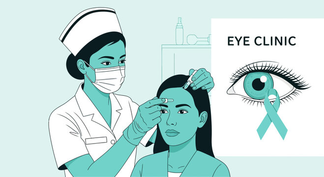 Medical Professional Performing Eye Care Procedure With Clinic Emblem And Patient