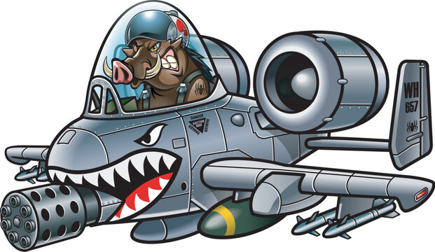 Cartoon style warthhog pilot flying fighter aircraft                                                        