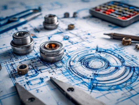 Mechanical components and technical drawing tools placed on detailed engineering blueprint plans for product design and industrial development projects