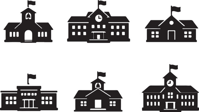 different school building with flags icon silhouettes vector