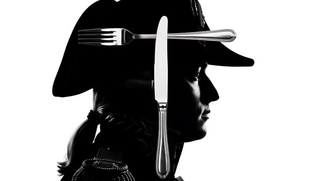 Silhouette of a historical figure with a fork and knife positioned on their head
