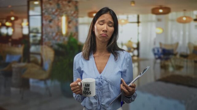 Young thai woman holds a mug reading i am the boss and a clipboard, shrugging shoulders in an office; ironic uncertainty.