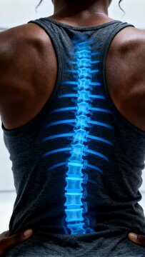 Showing woman wearing darkgray racerback tank, chain, hands on hips in studio with blue Xray spine
