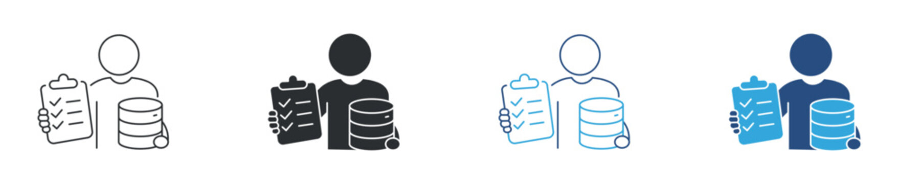 Database management professional icon set. Data administrator with checklist and server concept. Information management technology symbol. Line, solid and color style. Vector illustration.