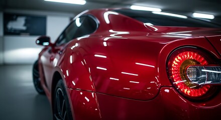 Sleek, red sports car detail, highlighting its tail light, curves, and glossy paint within a garage