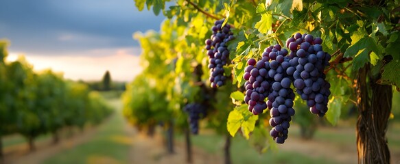 Naklejka premium The lush vineyard glows with ripe grapes basking in the gentle afternoon sun warmth