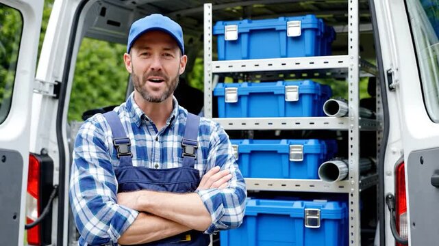 Professional tradesperson smiling work van tools equipment