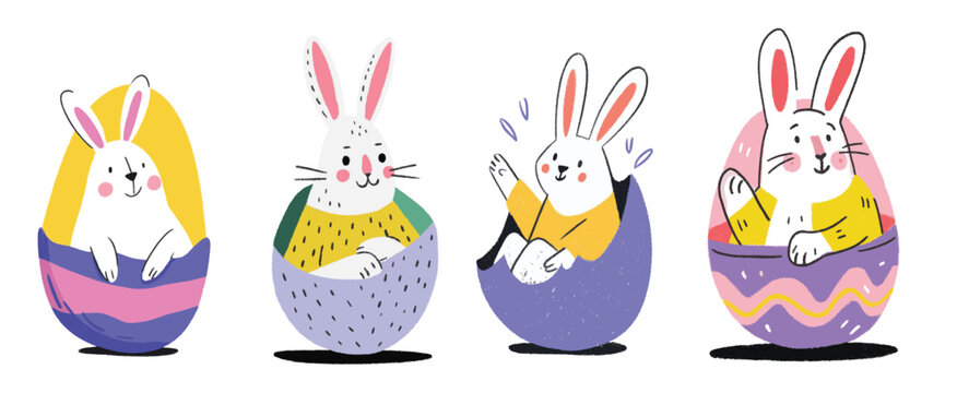 Cute easter bunny characters sitting in decorated eggs playful spring holiday illustration set with pastel colors and adorable rabbit doodles