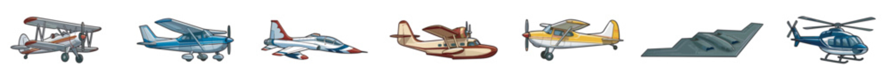 aircraft and airplane vector illustration set with propeller planes, fighter jet, seaplane, cargo aircraft, helicopter and flying wing aviation transport isolated on transparent background © Ярослав Дацко