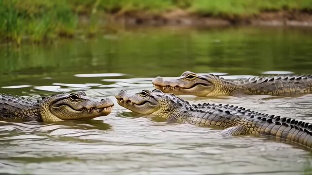 Crocodiles swimming in green water together.
