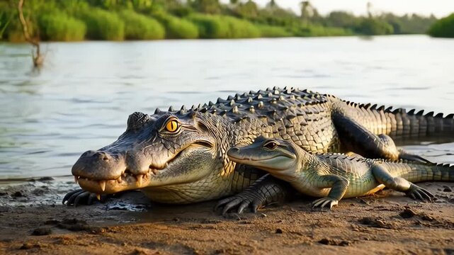 Crocodile resting on riverbank muddy shore.