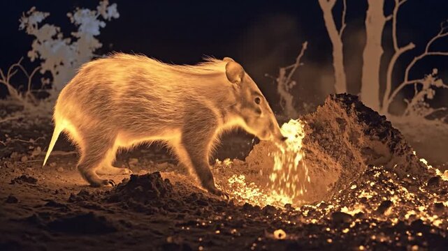 African aardvark energetically digs for ants at night