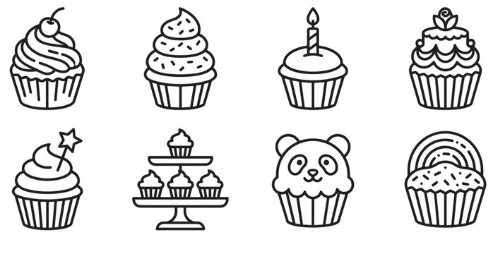 cupcake outline icon set with bakery desserts, muffin cakes, panda cupcake, rainbow cupcake and frosting cream sweets isolated on transparent background