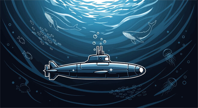 A deep-sea submersible explores the ocean depths alongside whales, fish, and jellyfish