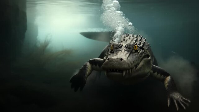 Crocodile swimming underwater in murky water.