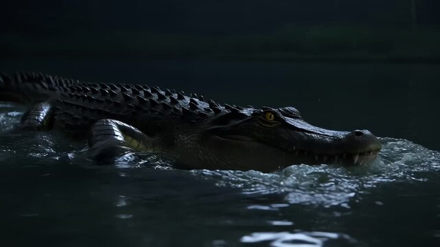 Large crocodile swimming in dark water.