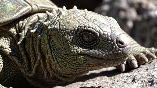 Ancient Gnarled Tuatara Basking on Sun-Warmed Rock