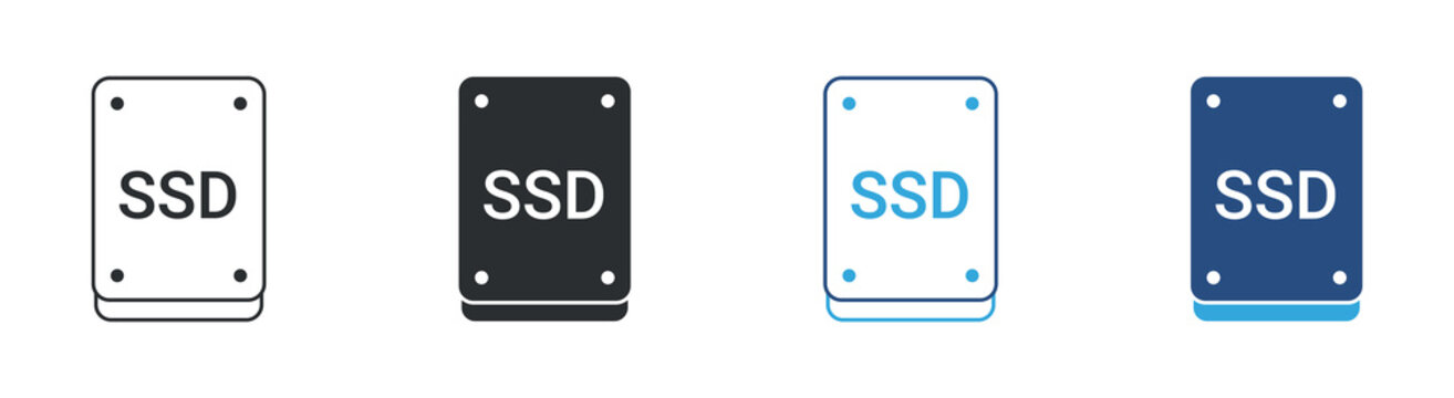SSD storage drive icon set. Solid state disk hardware symbol. Computer data storage technology concept. Line, solid and color style. Vector illustration.