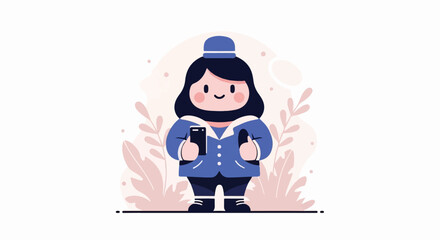 Obraz premium Cheerful person in uniform holding phone and giving thumbs up