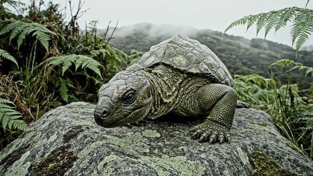 Ancient Tuatara Reptile Basking on Rocky Outcrop in Misty Forest